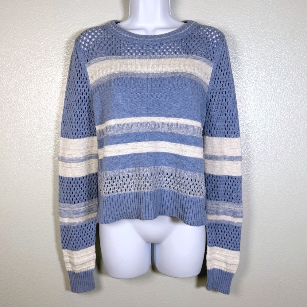 Margaret O'Leary Blue White Striped Cotton Pointelle Knit Sweater Womens Size M